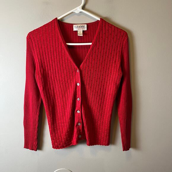 GIANNI Women’s Vintage Button Up‎ Cardigan Red 100% Silk Small Petite - Picture 1 of 6